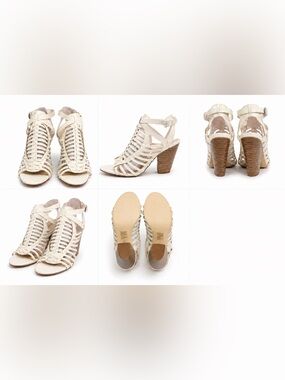JustFab Cream Strappy Stacked Block Heel Sandals